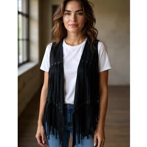 Be Vocal Suede Faux Med Vest Black Fringe Grommets SZ Med Voice of California